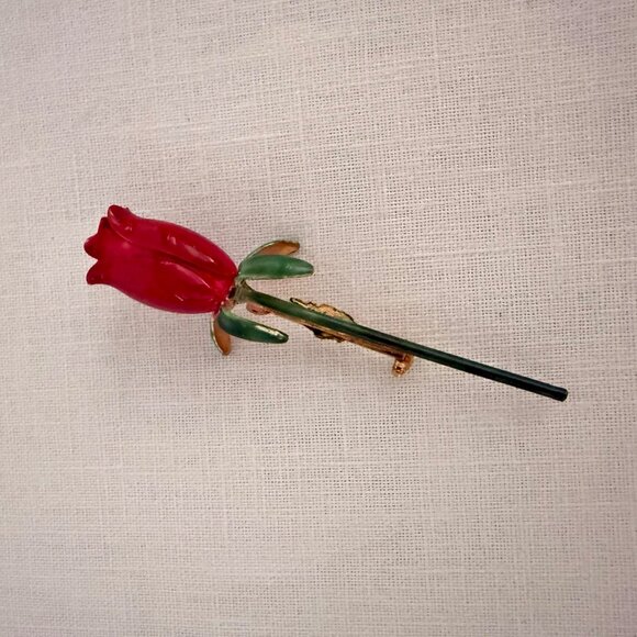 Vintage Sandor Co Red Enamel Rose Brooch Gold Tone Pin 3 Inch Floral Jewelry - Picture 3 of 11